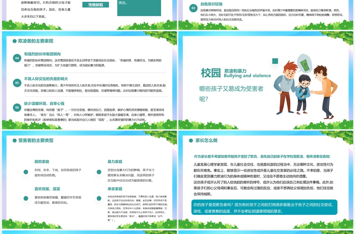 蓝绿色卡通风如何应对欺凌和暴力PPT模板