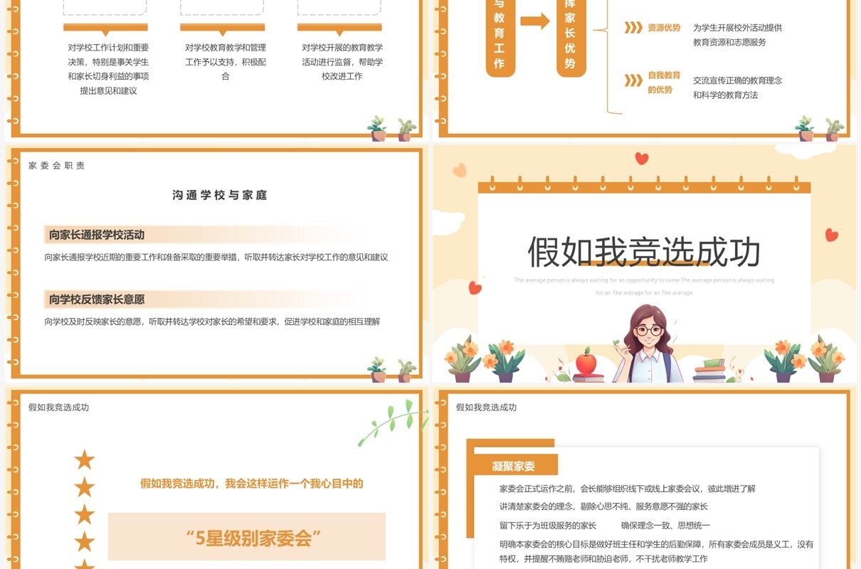 橙色卡通风家委会竞选PPT模板