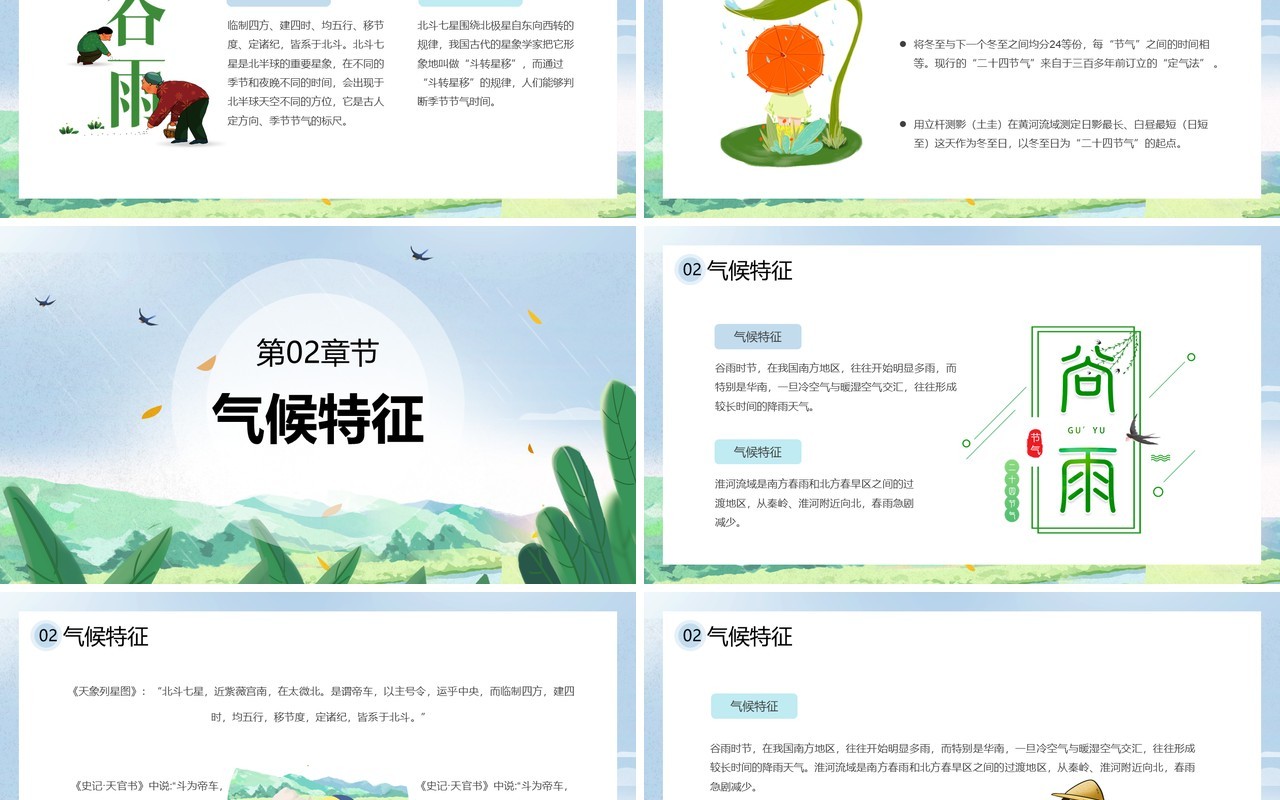 卡通小清新谷雨节气介绍动态PPT模板