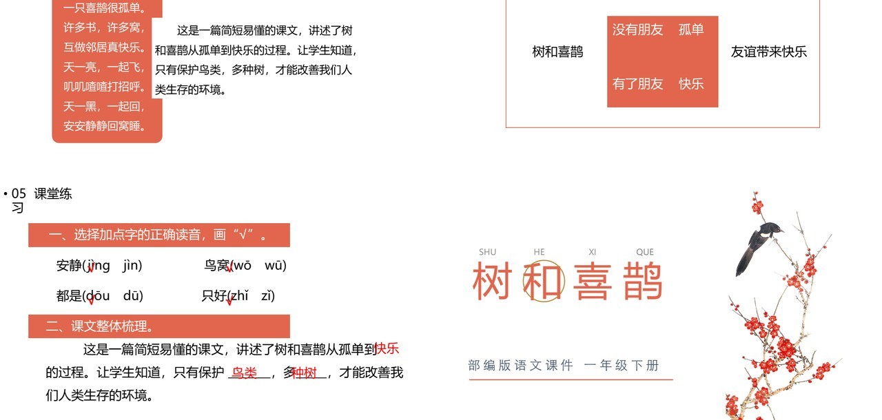 部编版一年级语文下册树和喜鹊课件PPT模板
