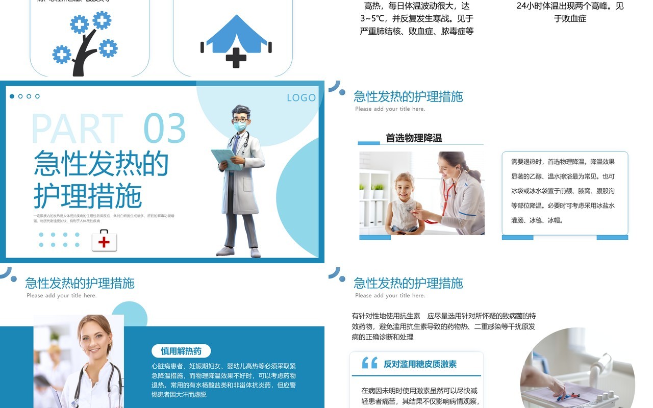 蓝色简约医疗高热患者病人的护理PPT模板