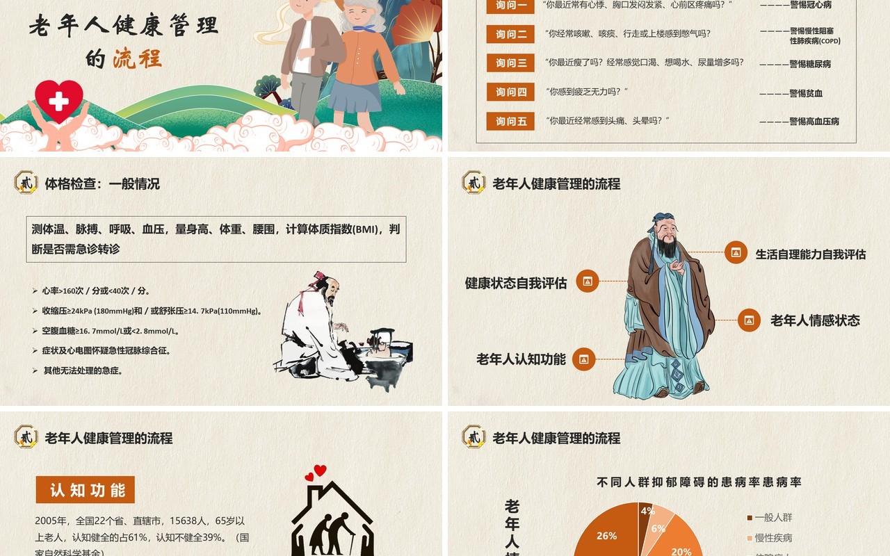 中国风老年人健康管理知识普及演讲PPT模版