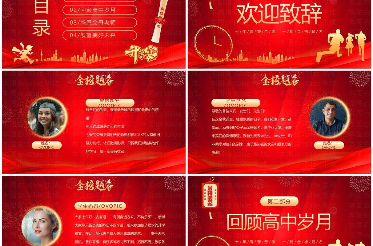 红色商务风金榜题名高中升学宴PPT模板