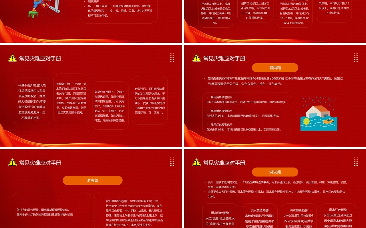 红色卡通风防灾减灾主题班会PPT模板