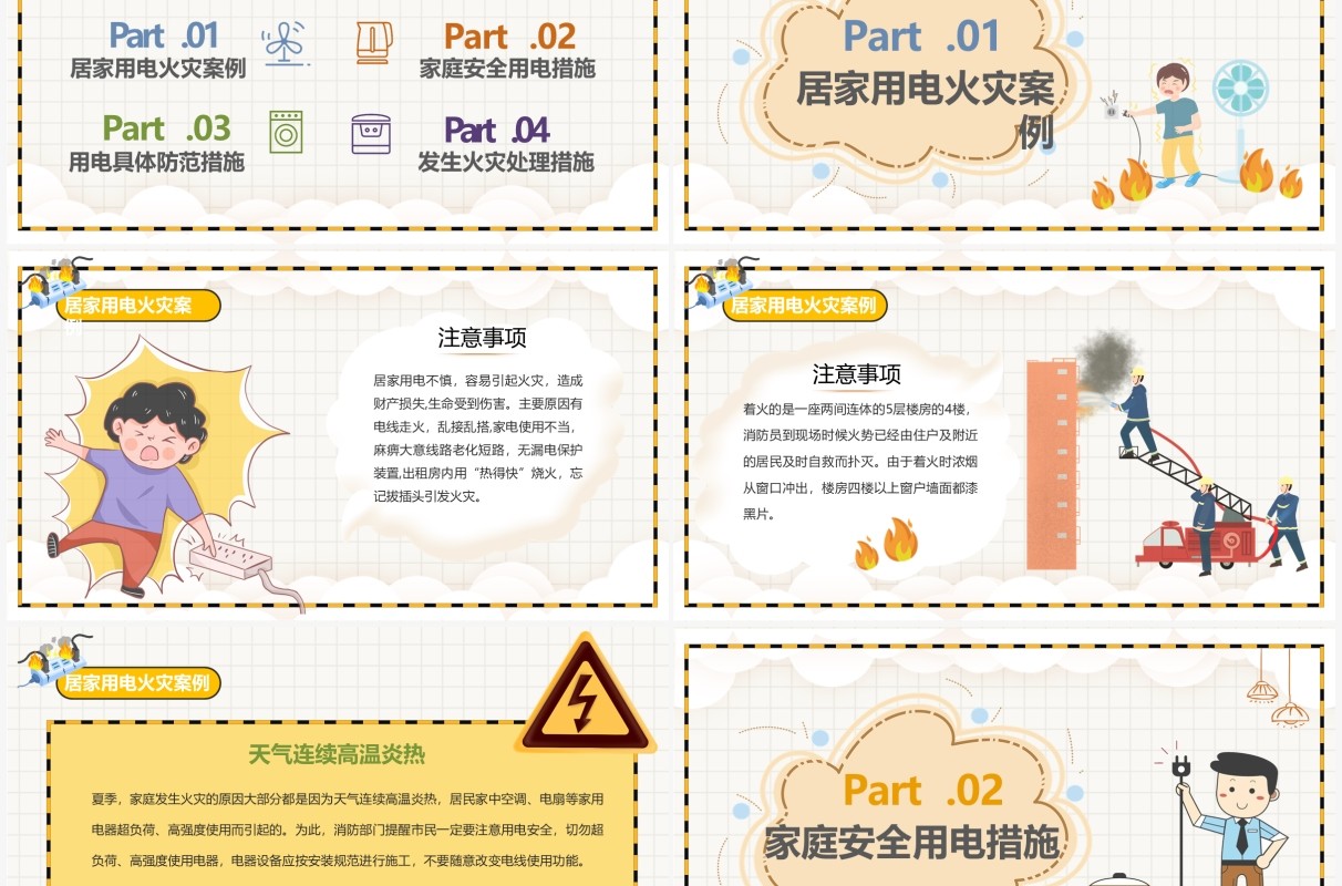 黄色卡通简约风居家安全用电指南PPT模板