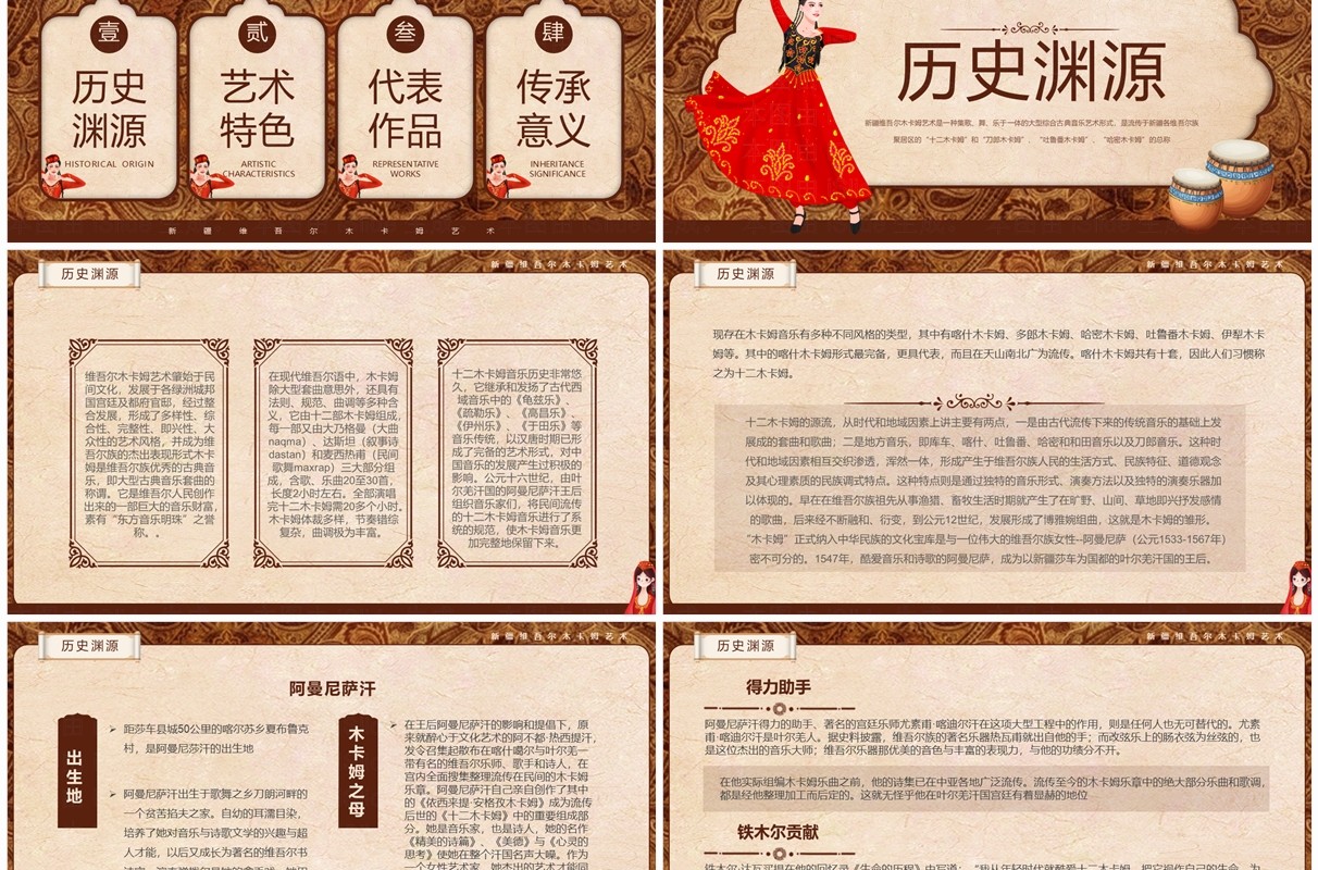 棕色非遗系列之新疆维吾尔木卡姆艺术PPT模板