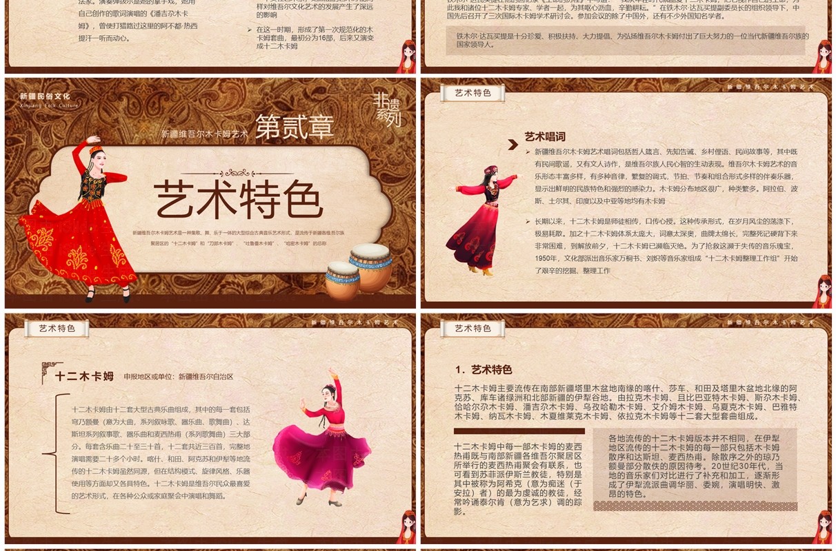 棕色非遗系列之新疆维吾尔木卡姆艺术PPT模板