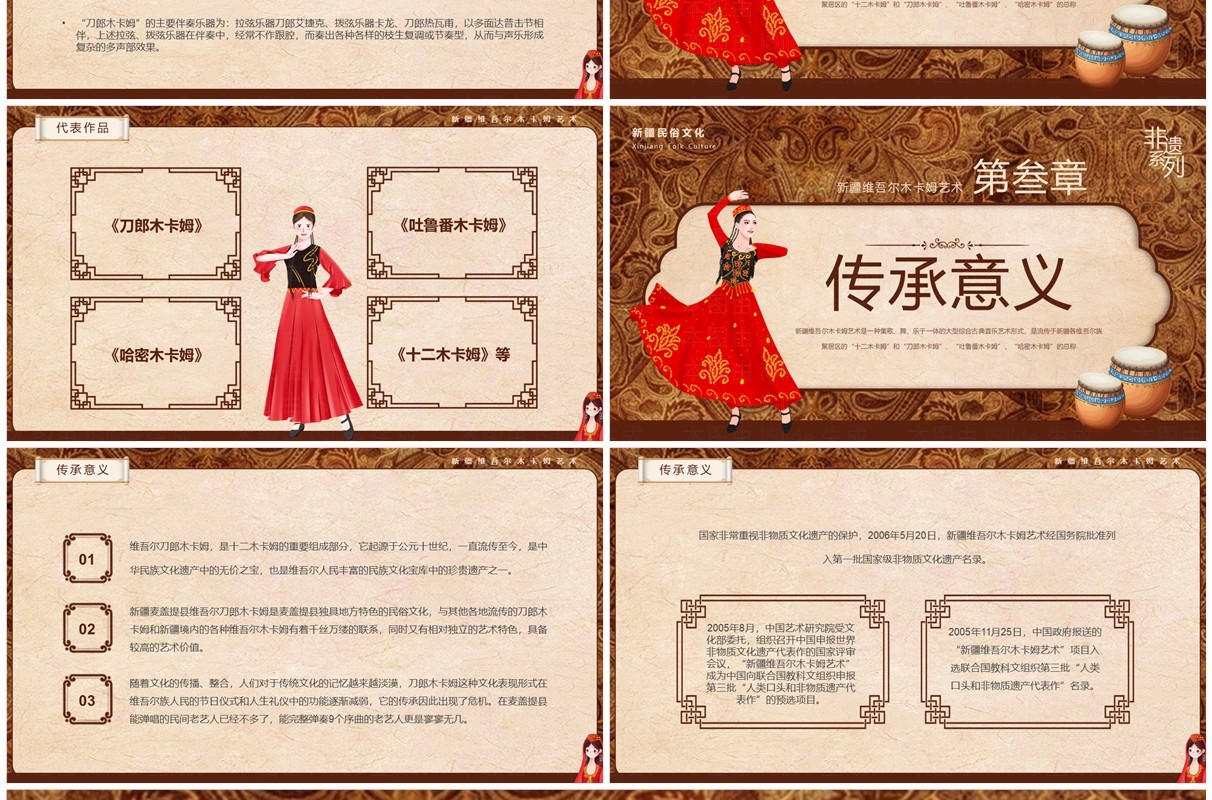 棕色非遗系列之新疆维吾尔木卡姆艺术PPT模板
