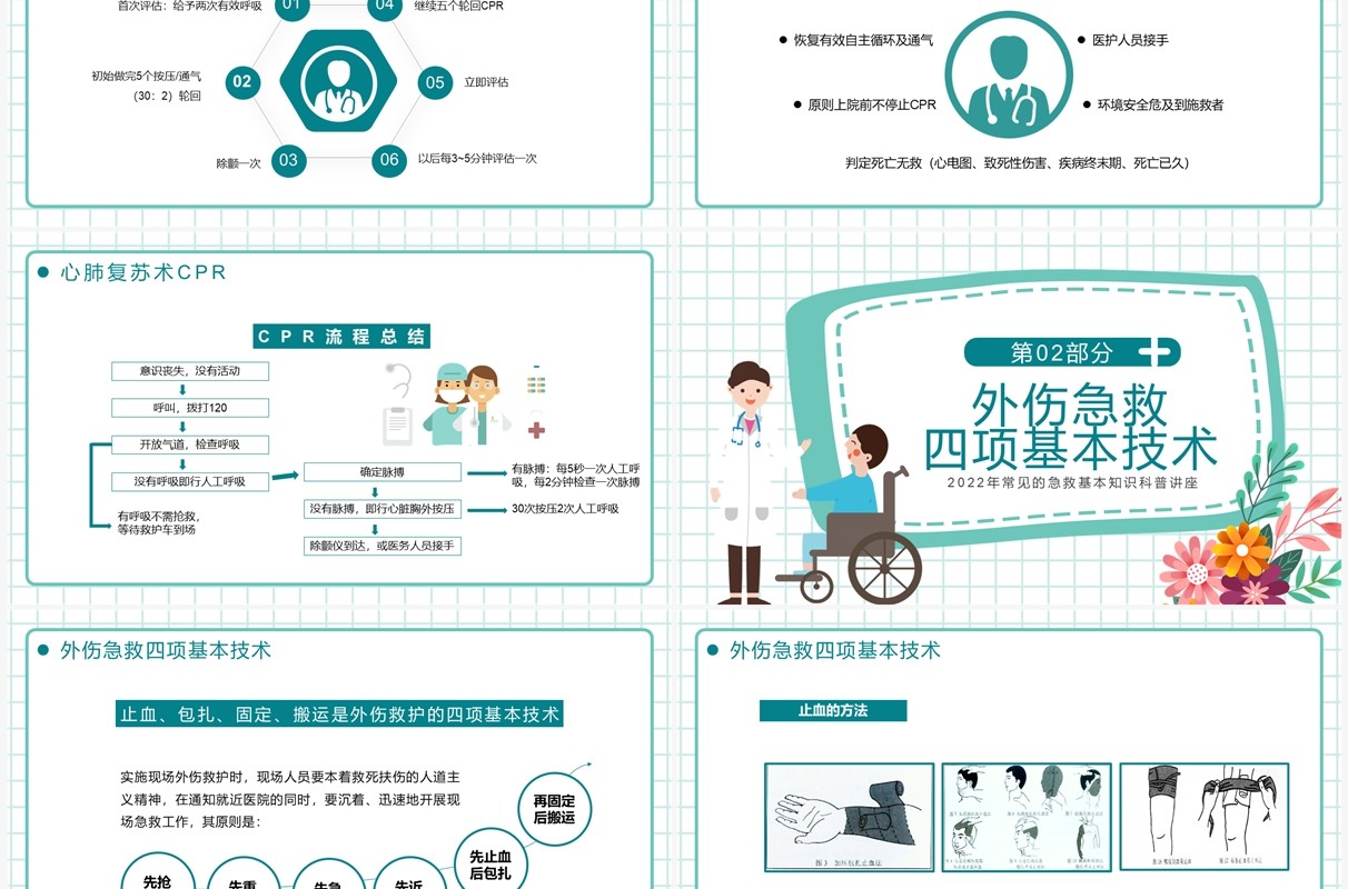 绿色卡通风急救知识培训PPT模板