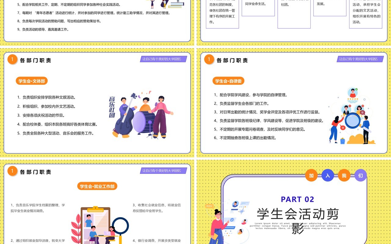 黄色卡通风大学学生会招新宣传介绍PPT模板