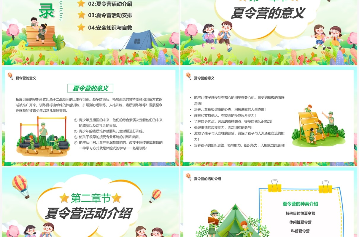 绿色卡通风暑期夏令营活动策划PPT模板