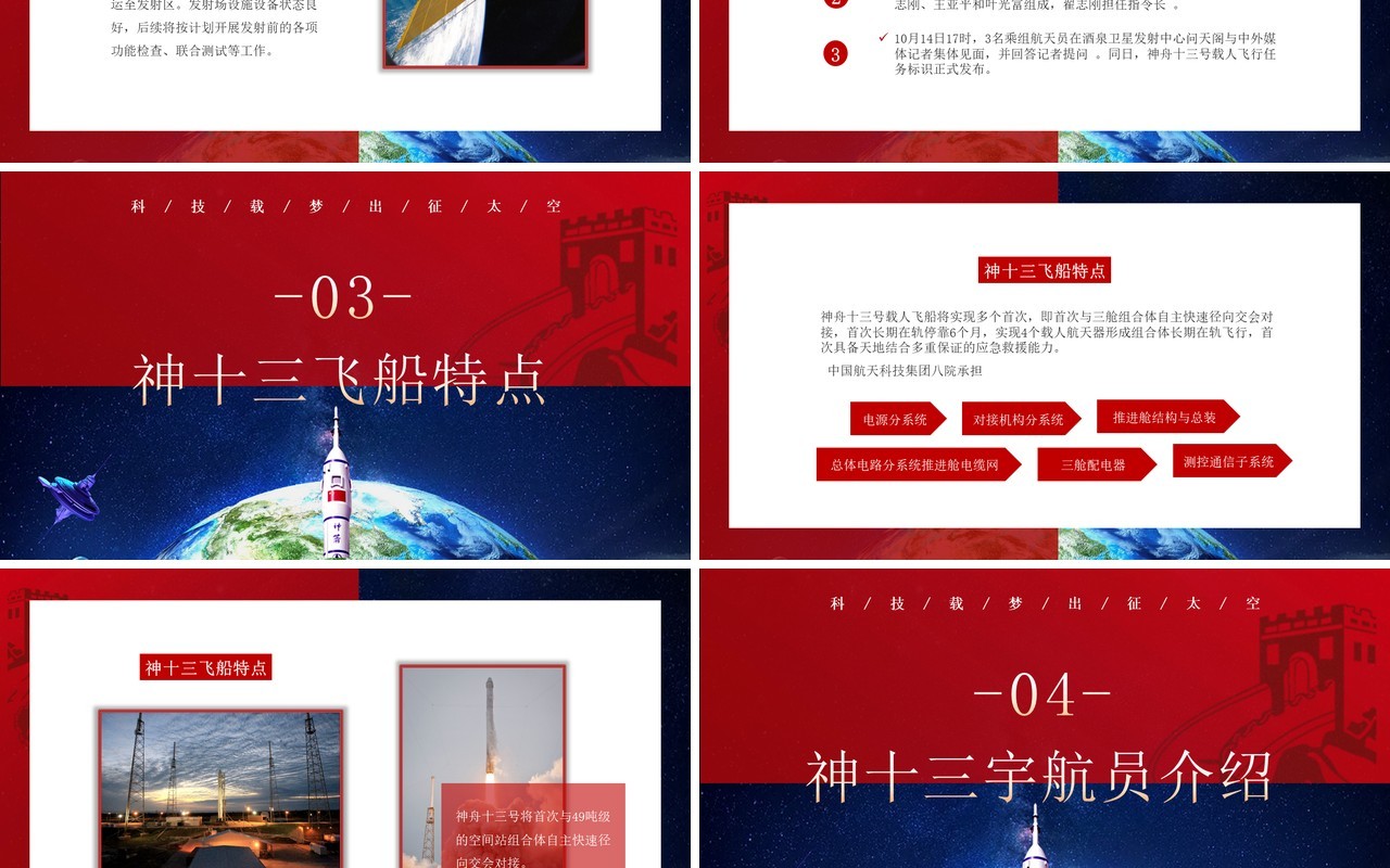 红蓝撞色神州十三号成功发射动态PPT模板