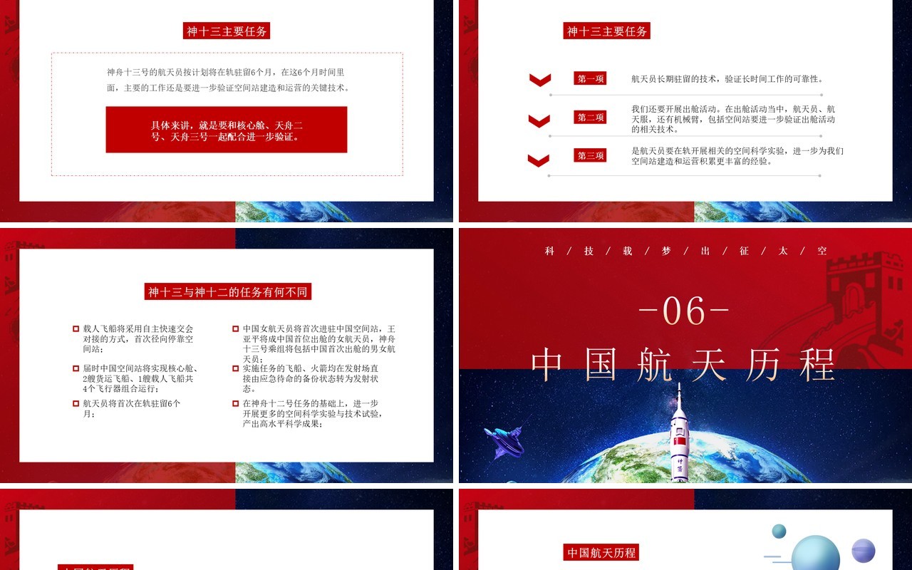 红蓝撞色神州十三号成功发射动态PPT模板