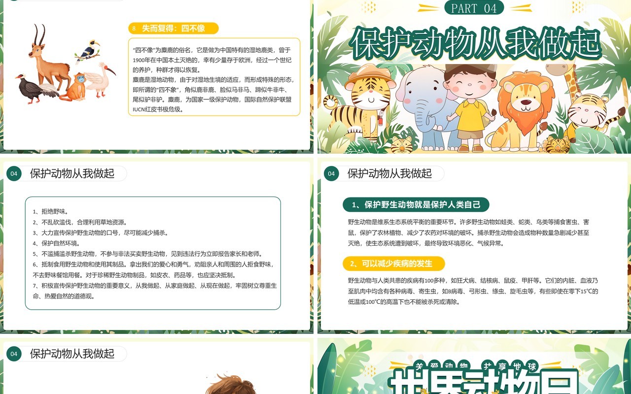 绿色插画风世界动物日介绍PPT模板