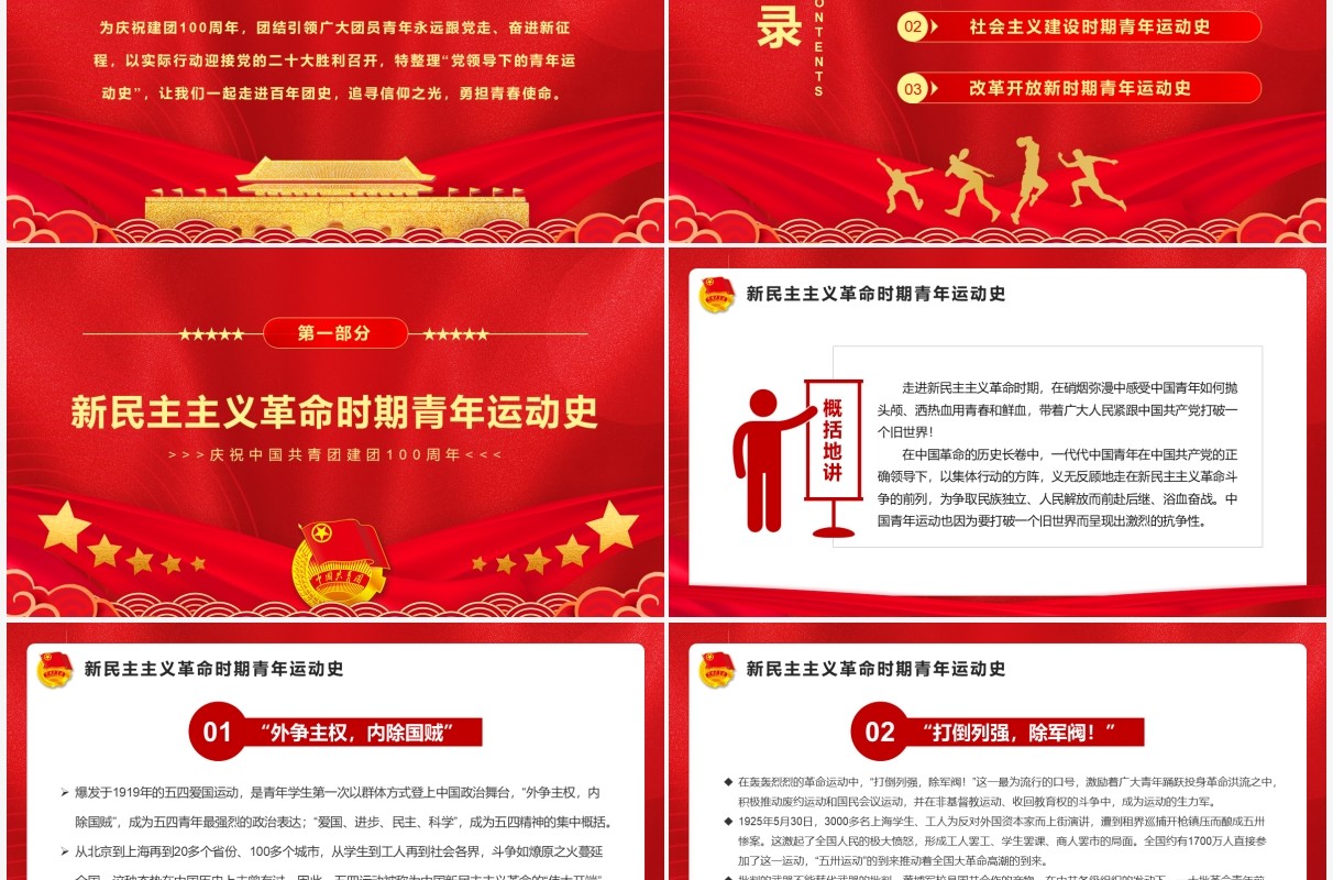 红金党政风中国青年运动史PPT模板