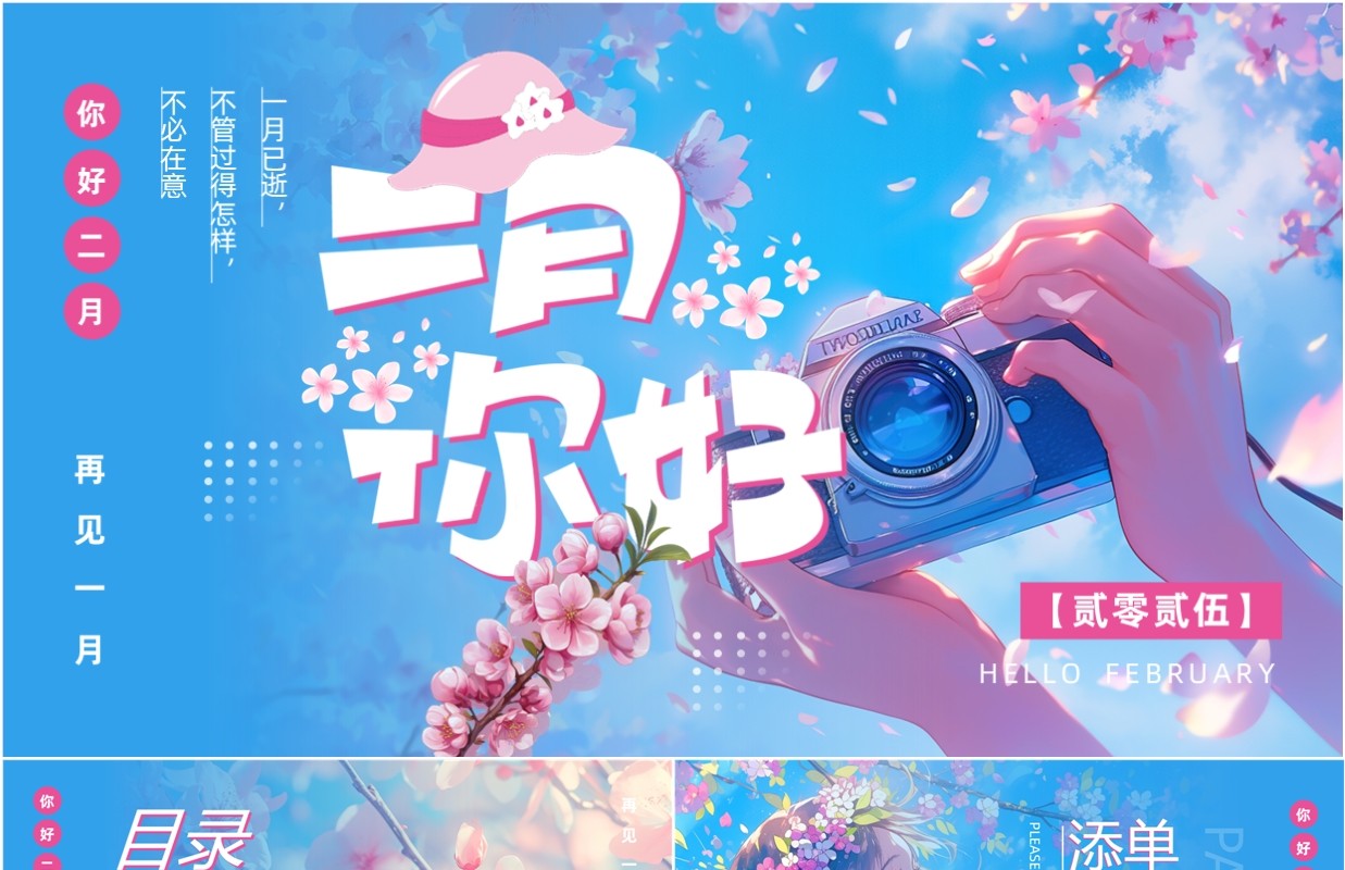 蓝粉插画风你好二月PPT通用模板
