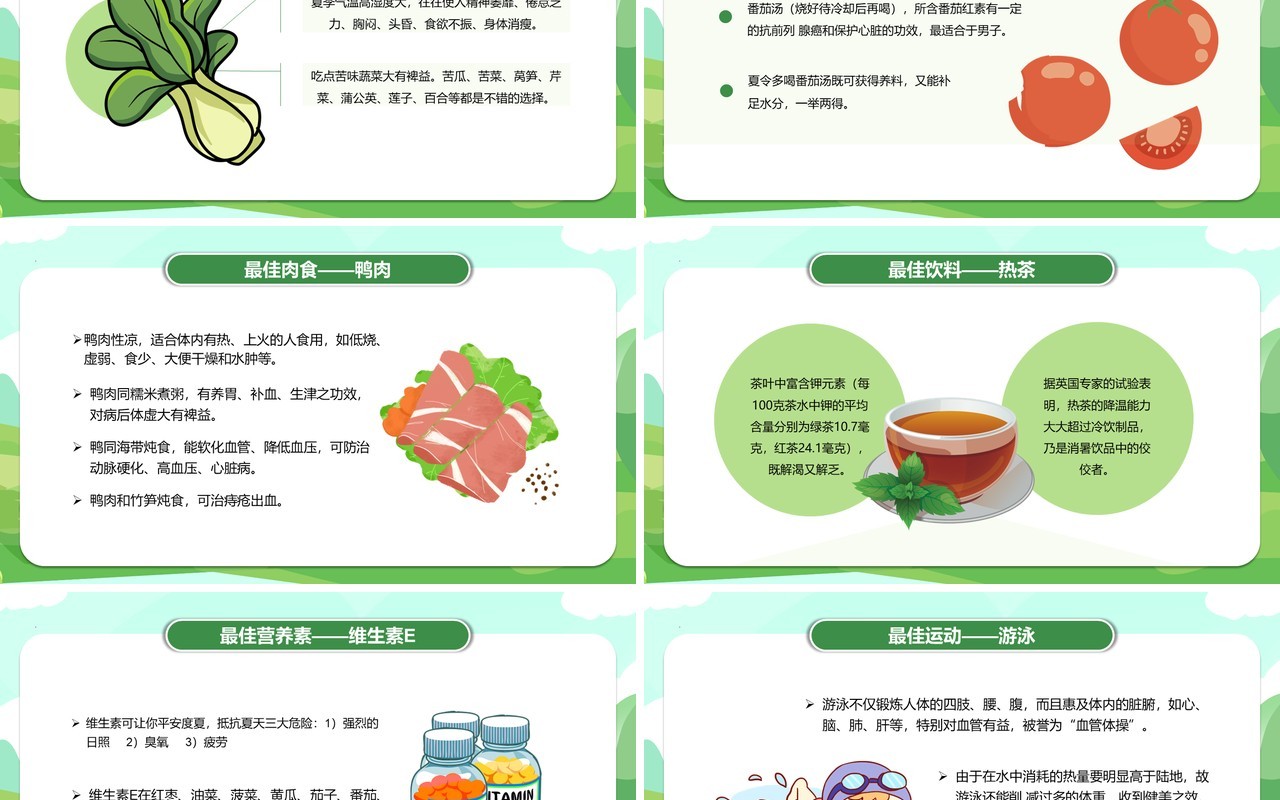 绿色卡通风夏日预防中暑宣传教育PPT模板