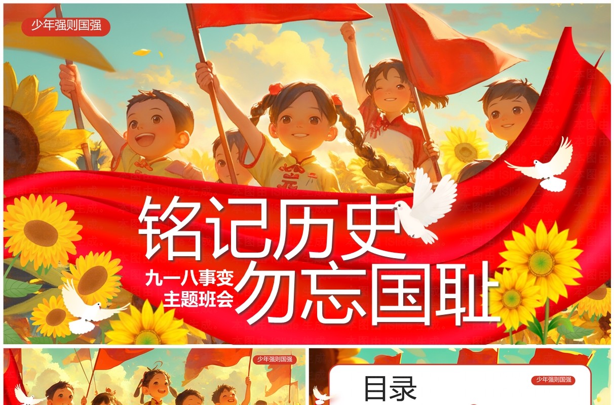 红色插画风九一八事变主题班会PPT模板