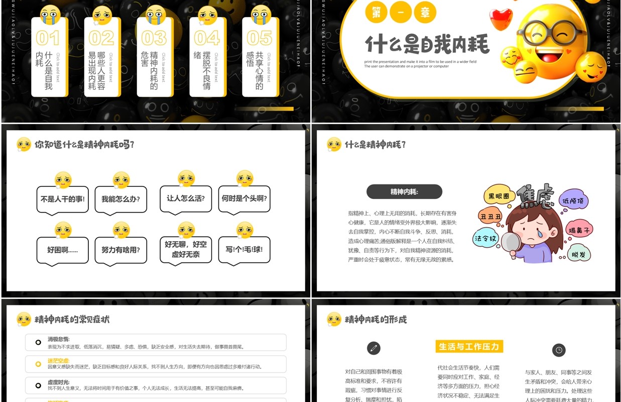 黄色简约风拒绝精神内耗请勿焦虑PPT模板