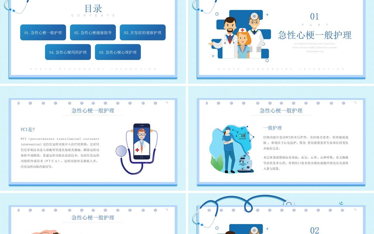 蓝色卡通风急性心梗术后护理知识介绍PPT模板
