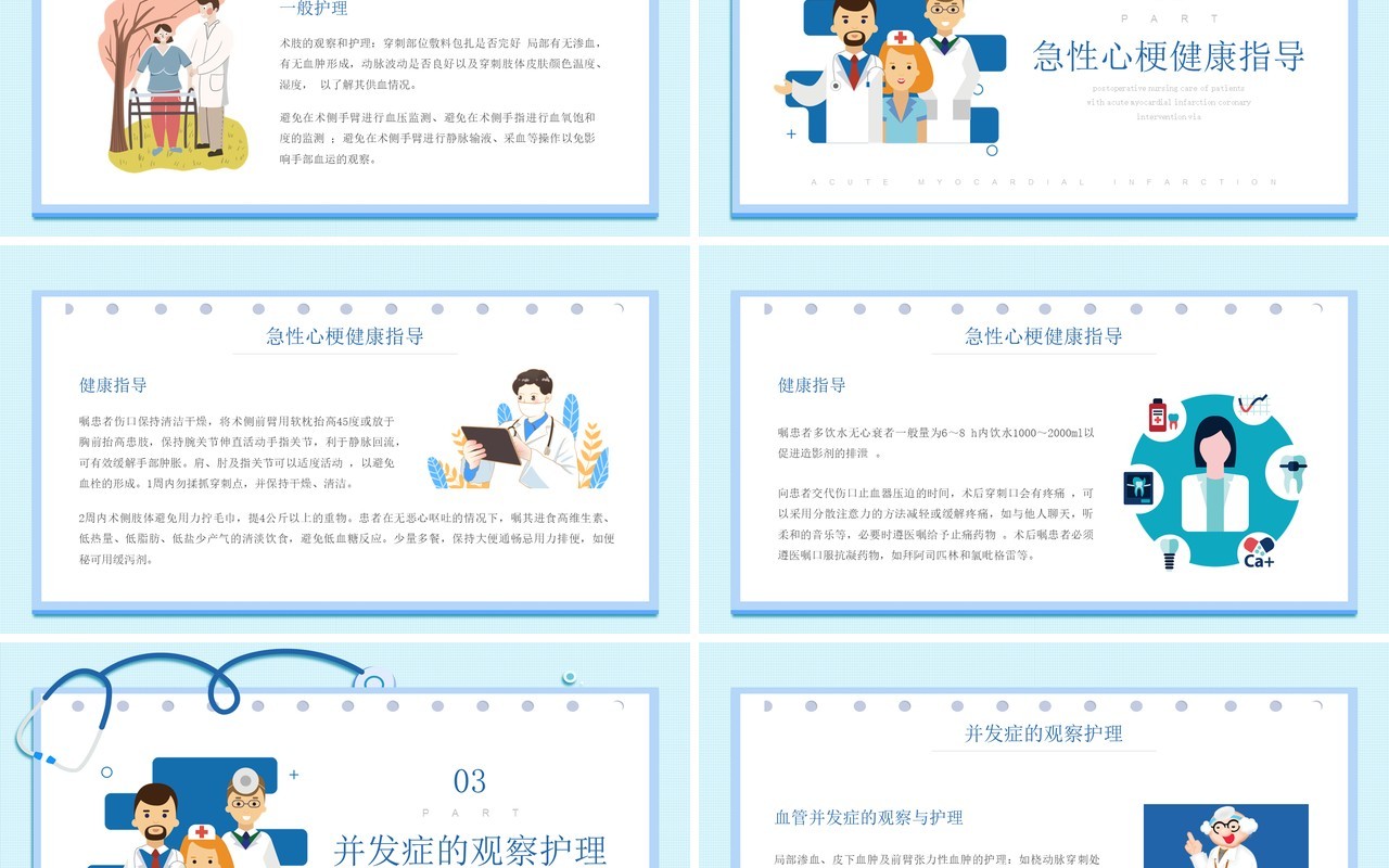 蓝色卡通风急性心梗术后护理知识介绍PPT模板