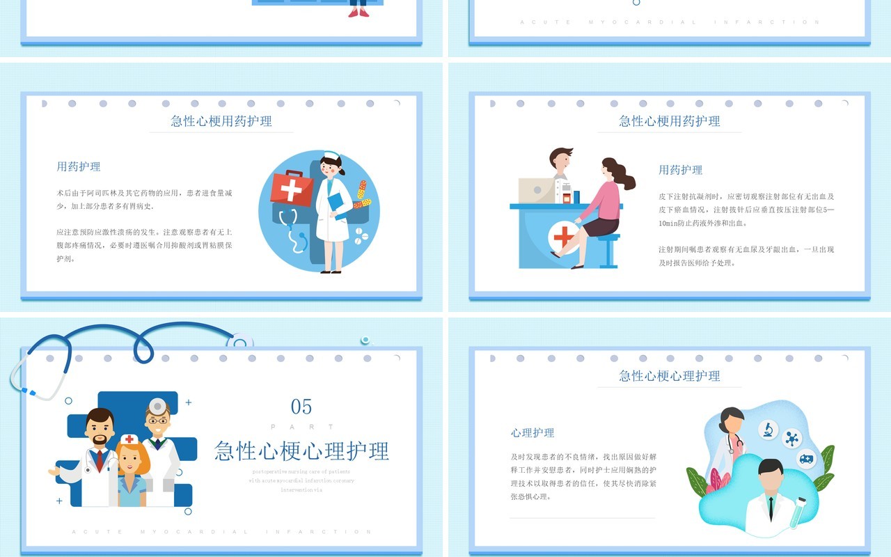 蓝色卡通风急性心梗术后护理知识介绍PPT模板