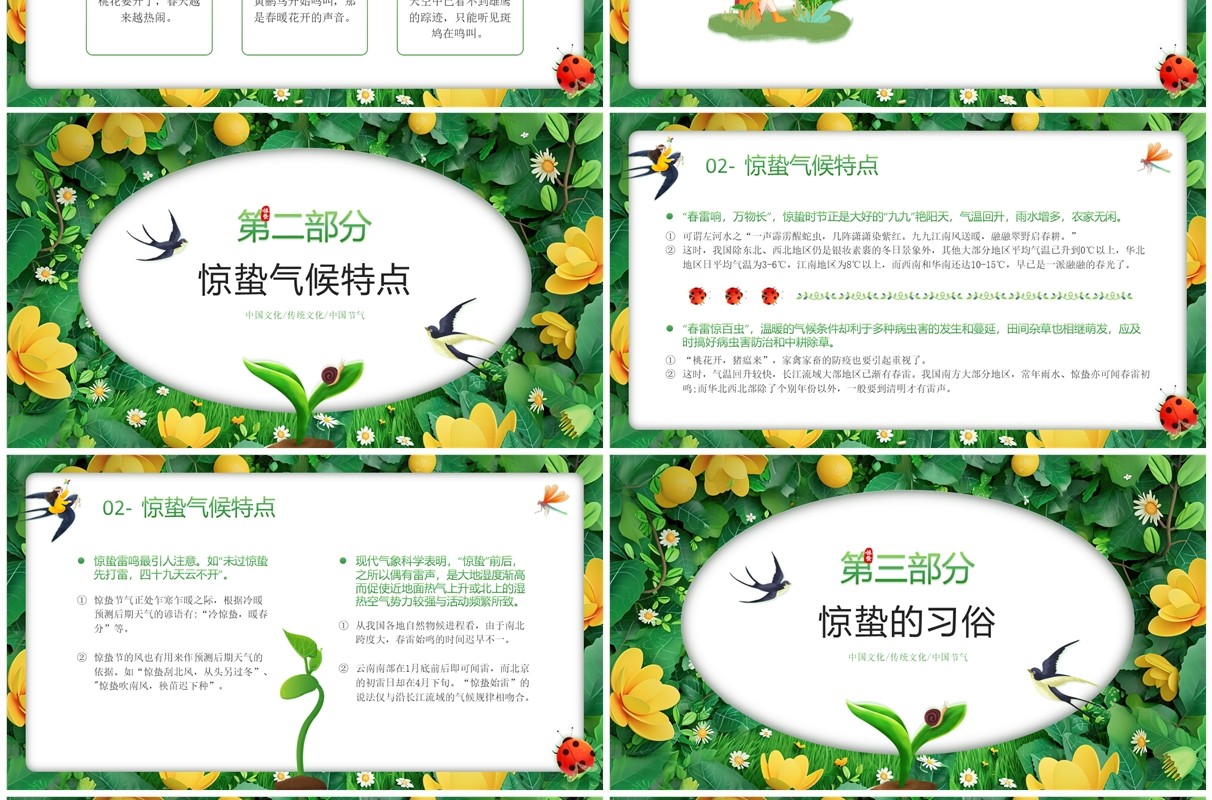 绿色插画风二十四节气之惊蛰节气PPT模板
