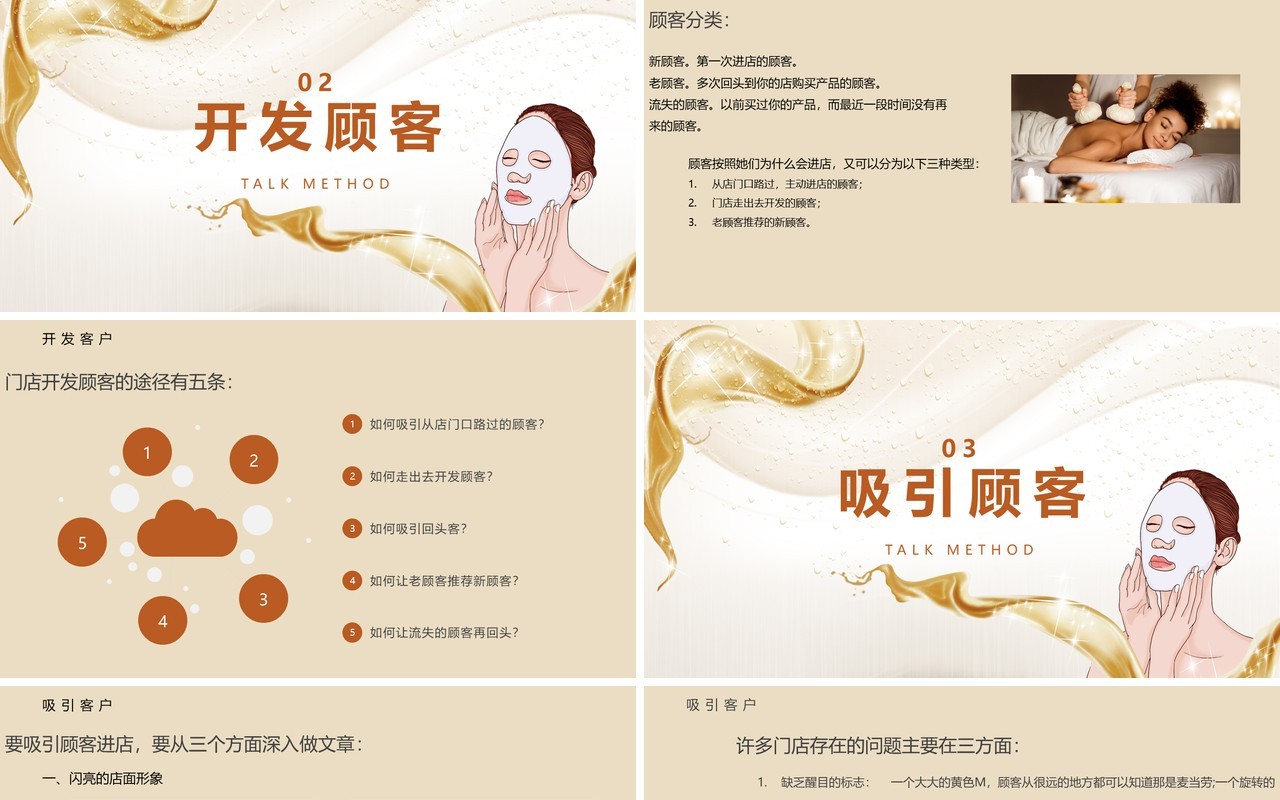 金色简约美容院拓客模式经营培训PPT模板