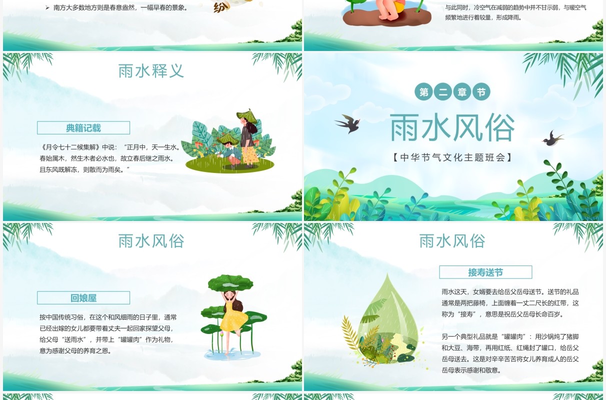 绿色插画卡通二十四传统节气之雨水介绍PPT模板