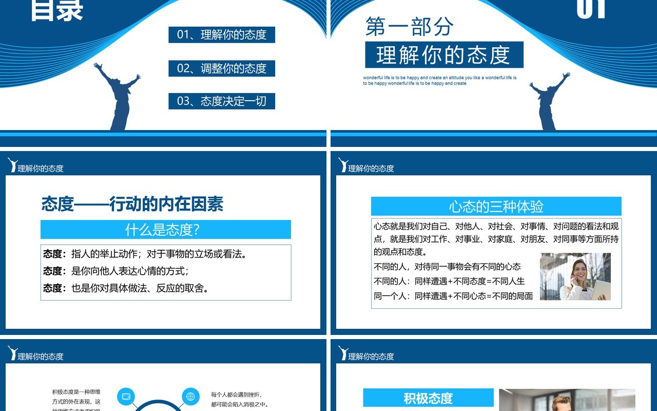 蓝色企业部门员工入职心态培训管理态度决定高度动态PPT模板