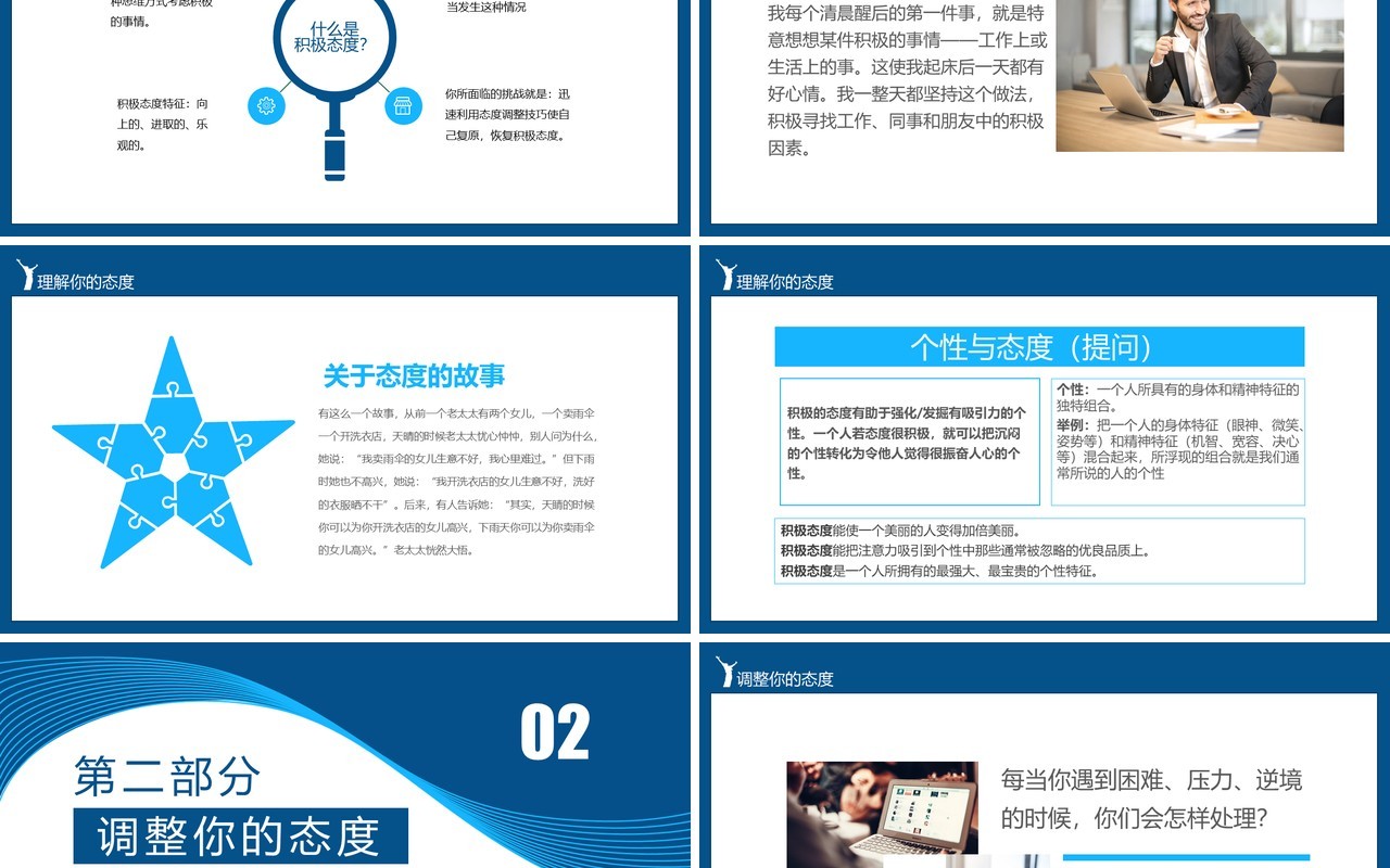蓝色企业部门员工入职心态培训管理态度决定高度动态PPT模板