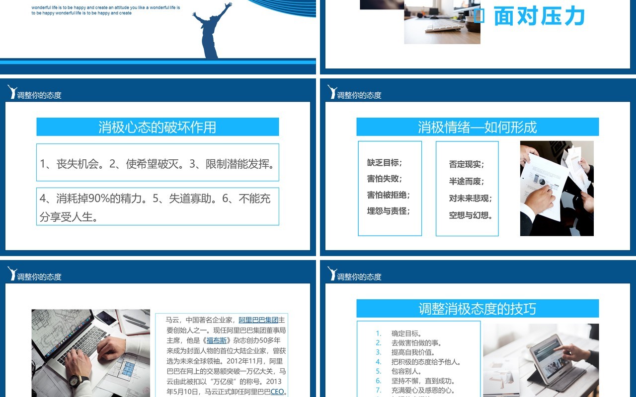 蓝色企业部门员工入职心态培训管理态度决定高度动态PPT模板