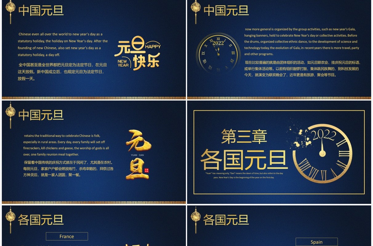 蓝色简约元旦英语介绍PPT动态模板