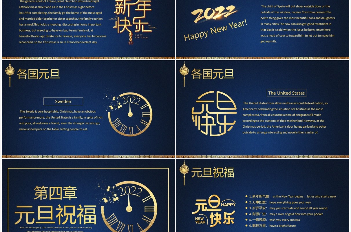 蓝色简约元旦英语介绍PPT动态模板