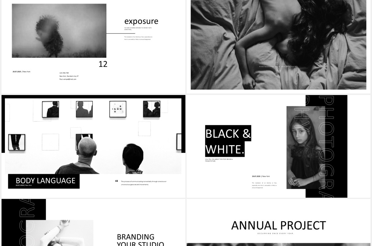 黑白商业摄影作品展示PPT模板photography business marketing powerpoint