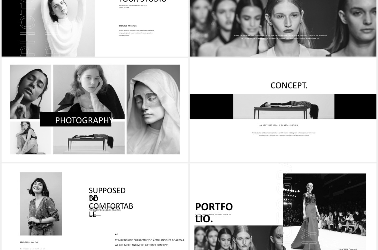黑白商业摄影作品展示PPT模板photography business marketing powerpoint