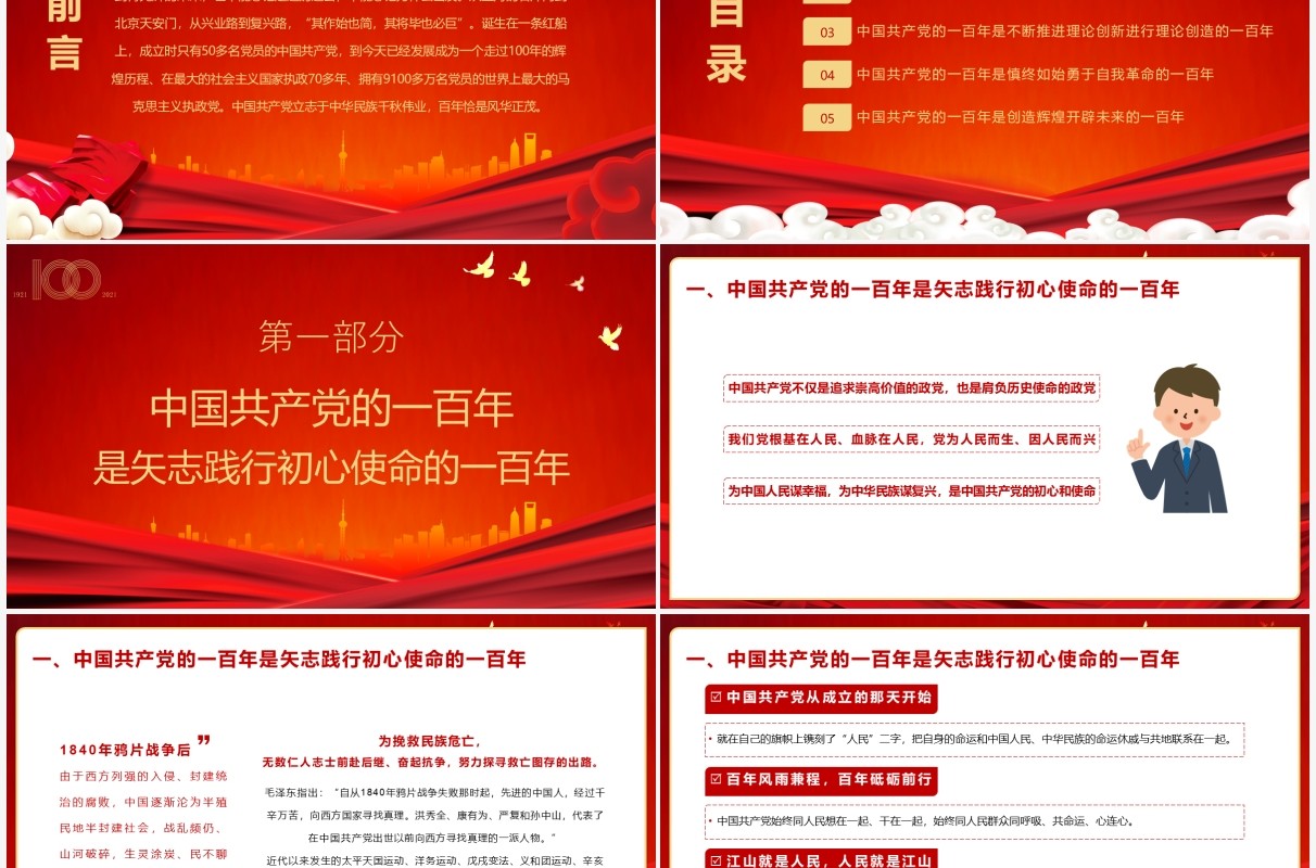 红色党政风党史学习教育立志千秋伟业百年风华正茂建党百年动态PPT课件模板