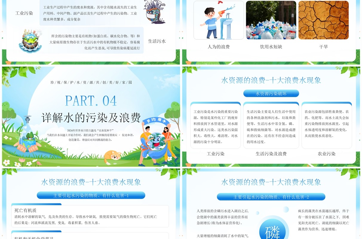 蓝色卡通风珍惜点滴节约用水PPT模板