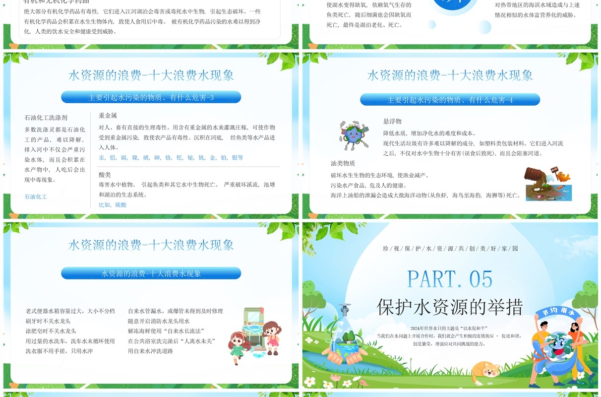 蓝色卡通风珍惜点滴节约用水PPT模板