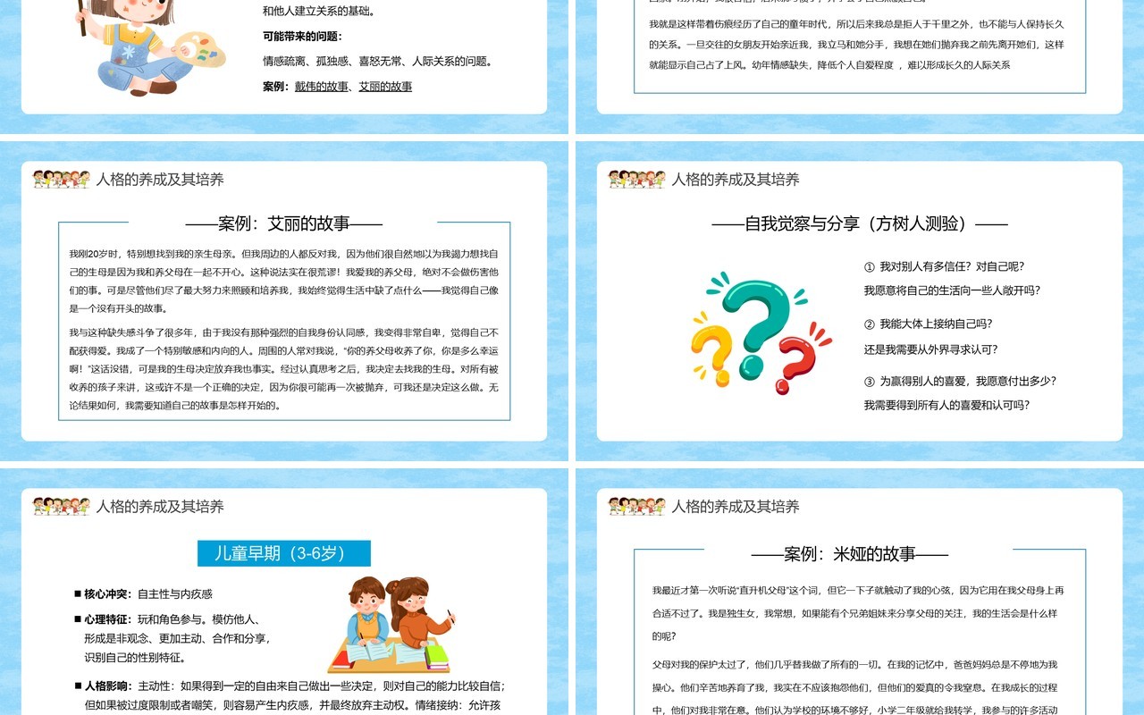 蓝色卡通儿童心理学人格的养成及其培养PPT模板