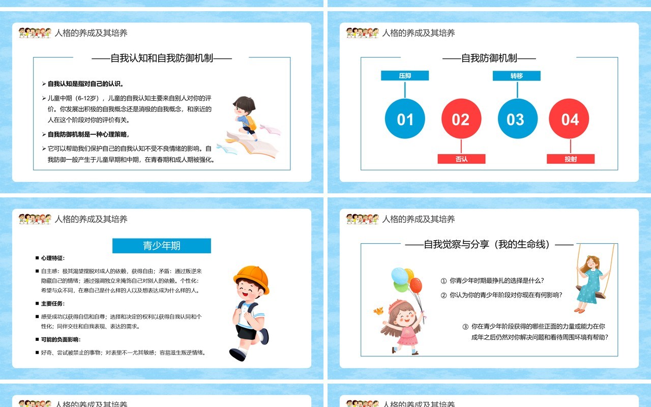 蓝色卡通儿童心理学人格的养成及其培养PPT模板