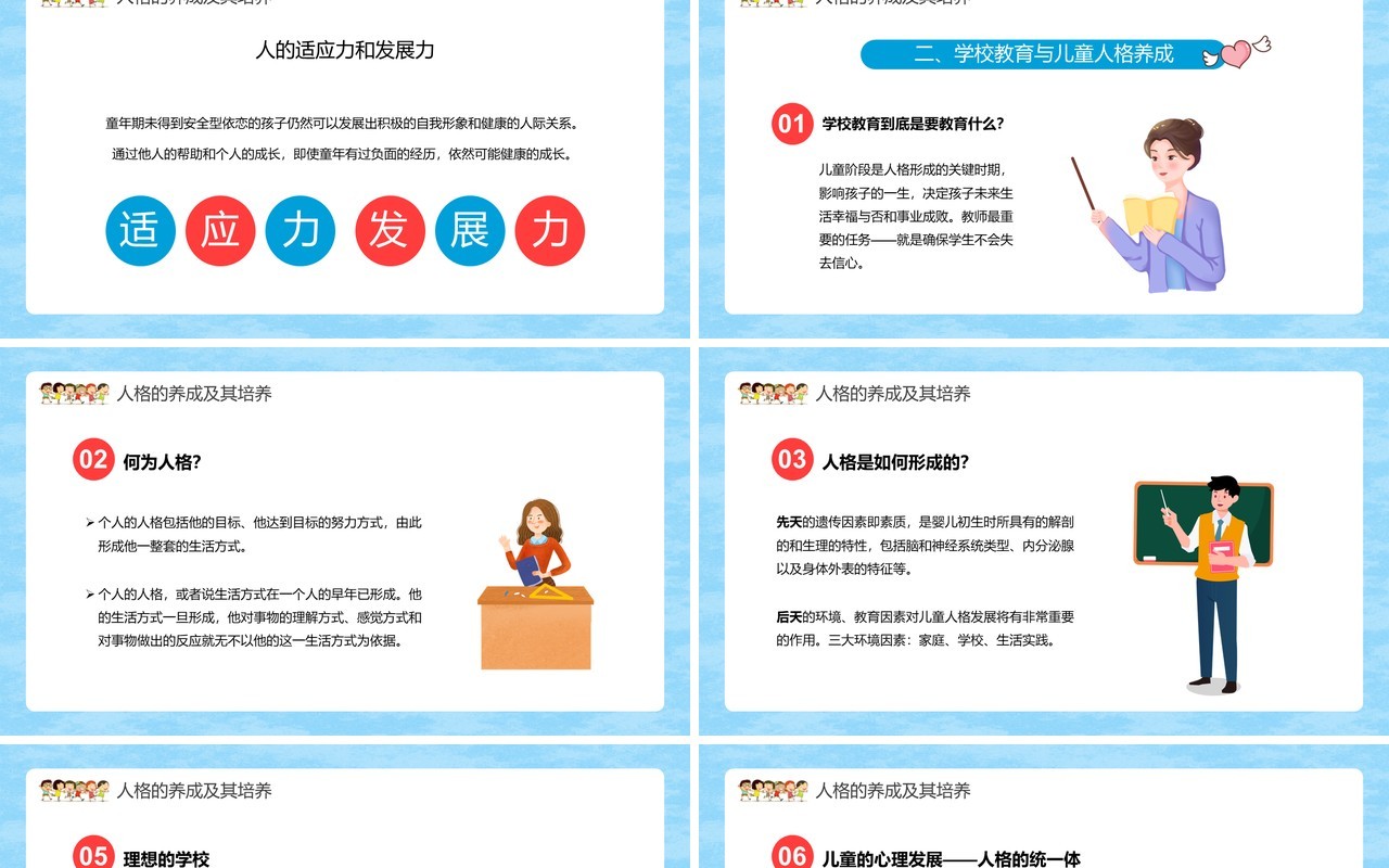 蓝色卡通儿童心理学人格的养成及其培养PPT模板