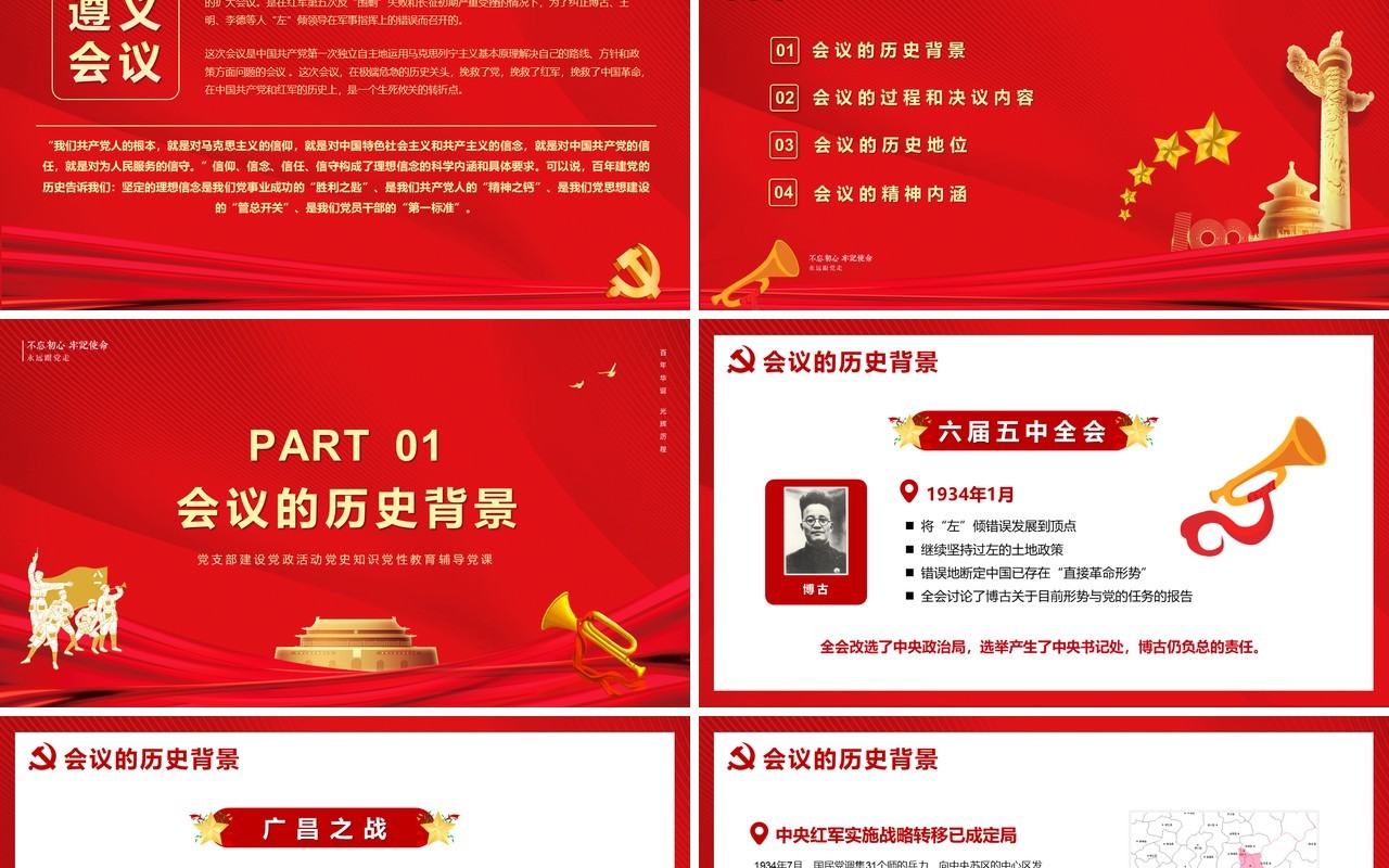 红色党政风党史学习遵义会议教育PPT模版