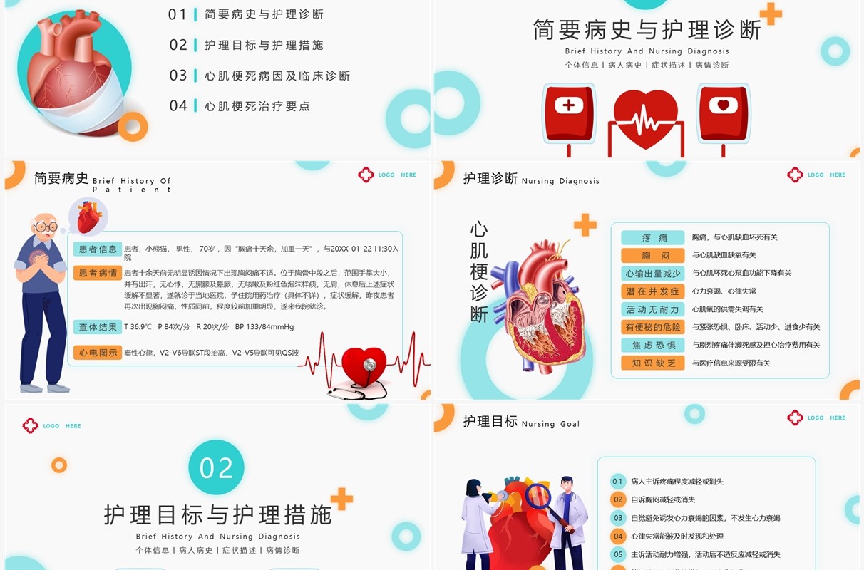 绿色扁平化急性心梗护理查房PPT模板