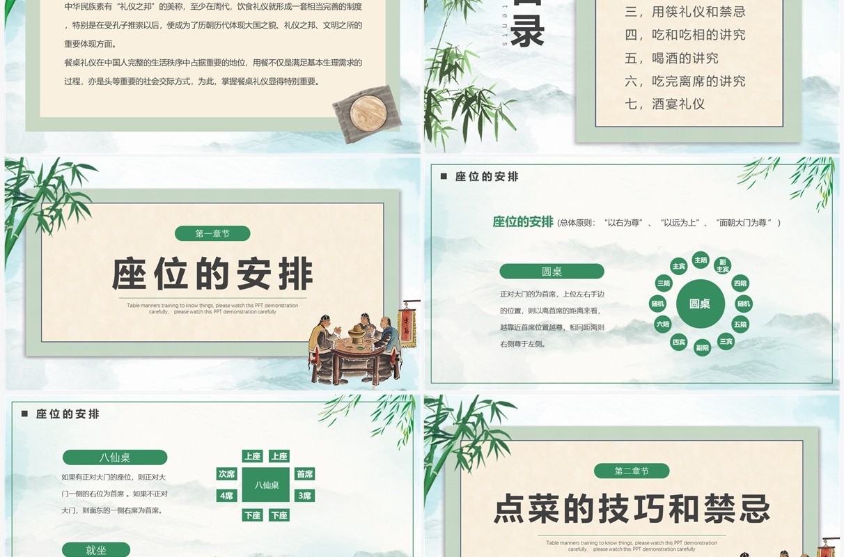 绿色中国风餐桌礼仪培训PPT模板
