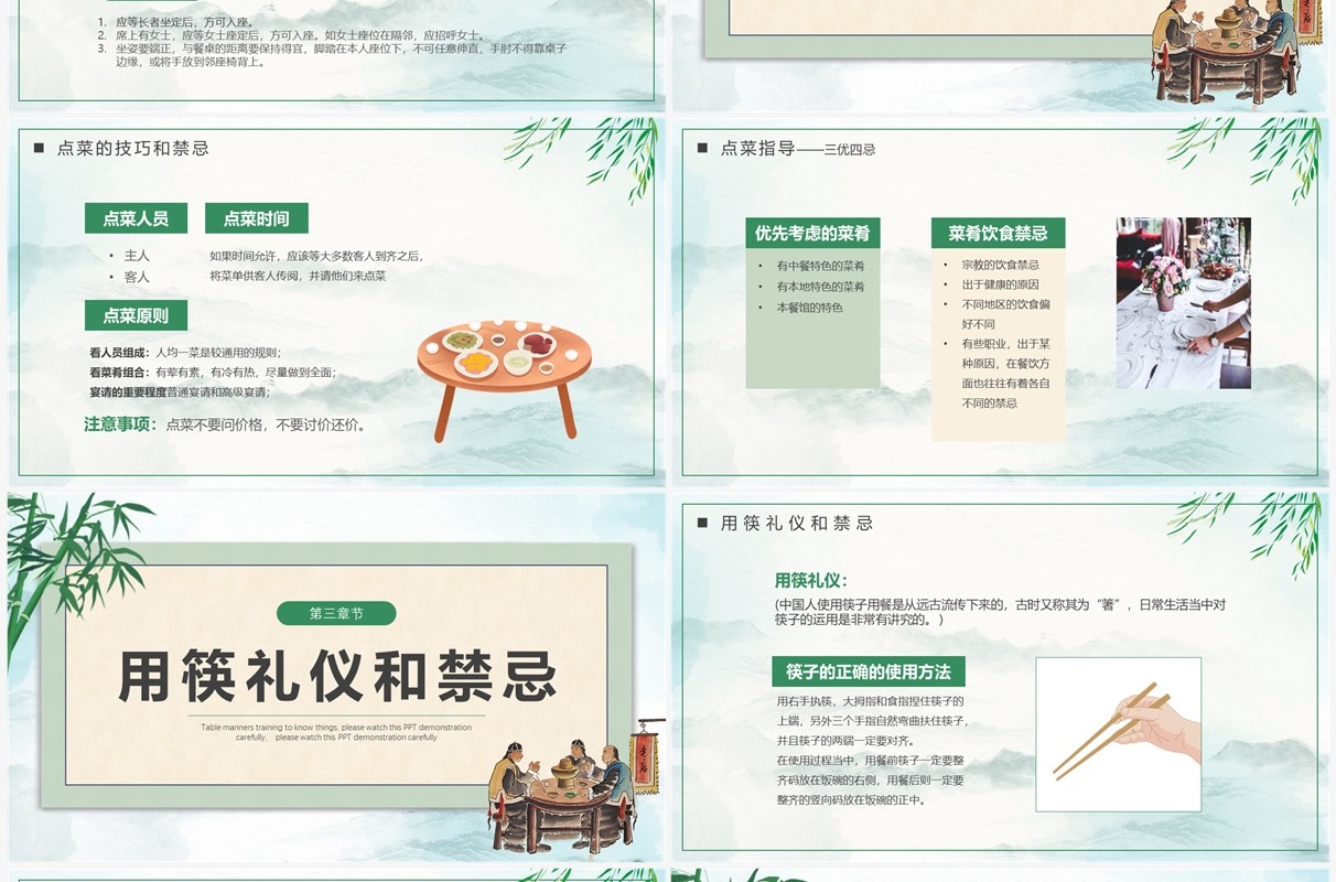 绿色中国风餐桌礼仪培训PPT模板