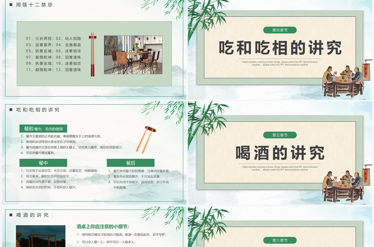 绿色中国风餐桌礼仪培训PPT模板