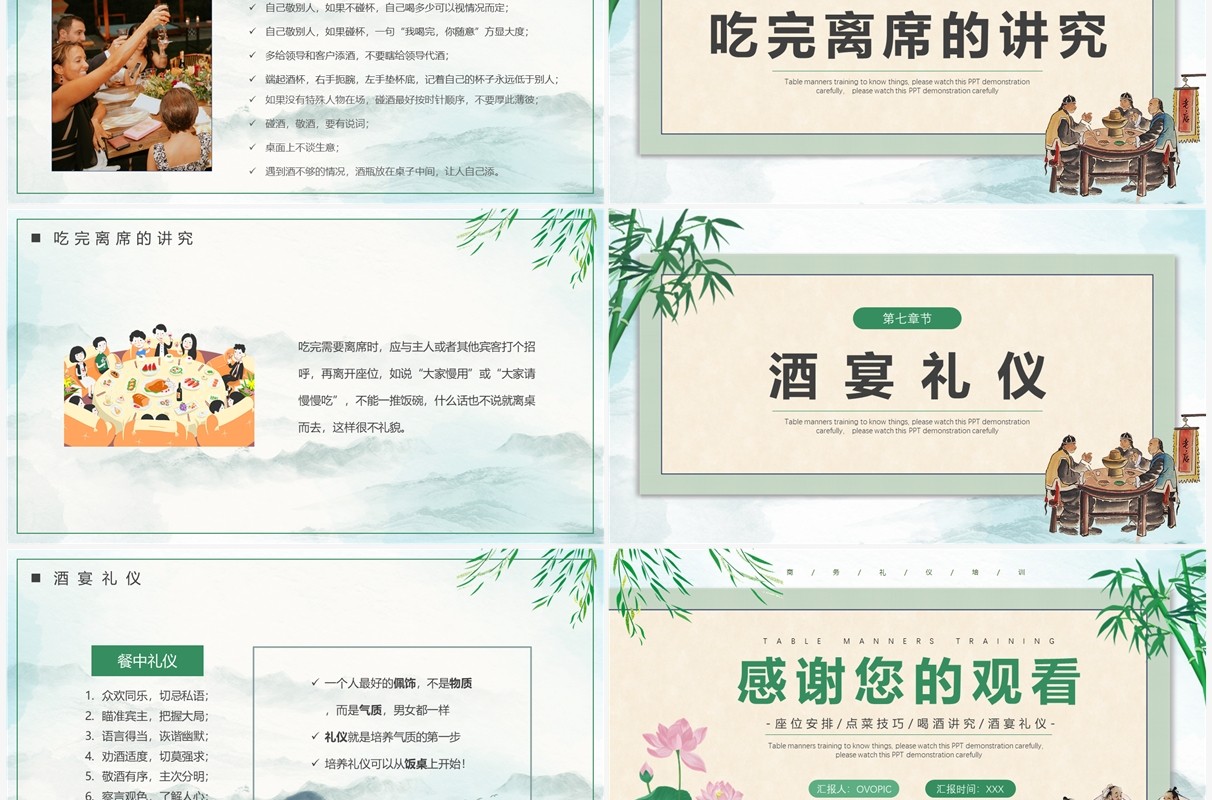 绿色中国风餐桌礼仪培训PPT模板