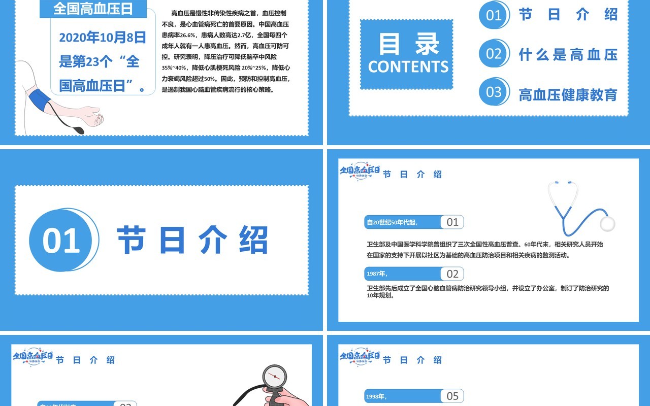 蓝色简约全国高血压日关爱高血压人群通用PPT模板