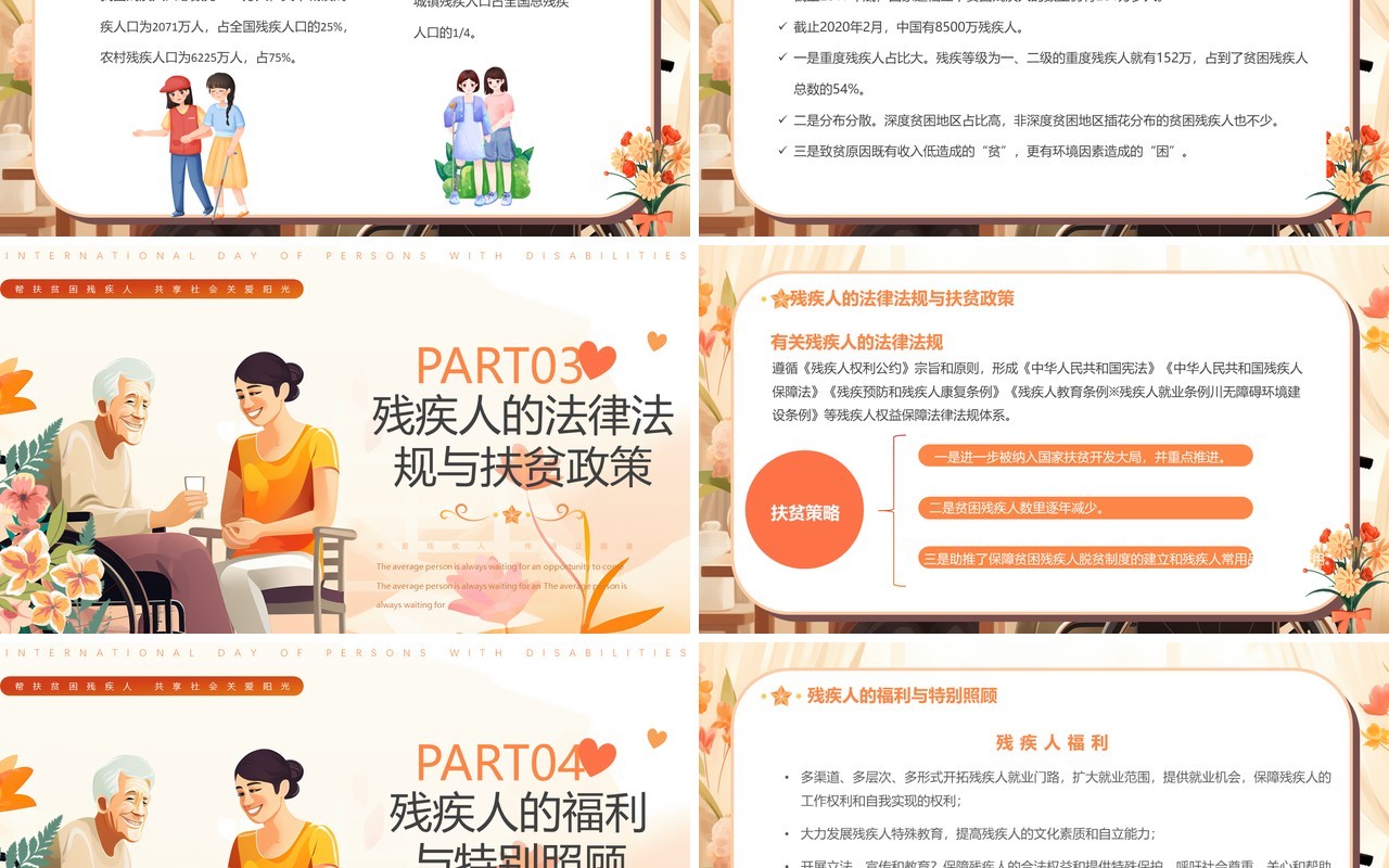 橙色插画风国际残疾人日PPT模板
